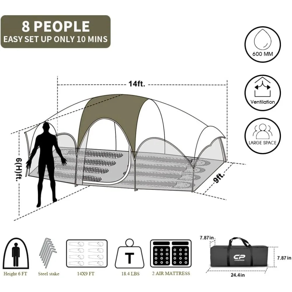 8 Person tent, Weather Resistant, Double Layer, Dividing Curtain